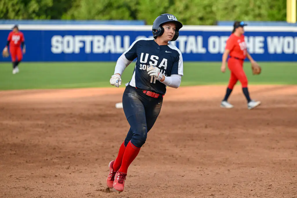 Leach round the bases at the USA Softball All-Star Showcase