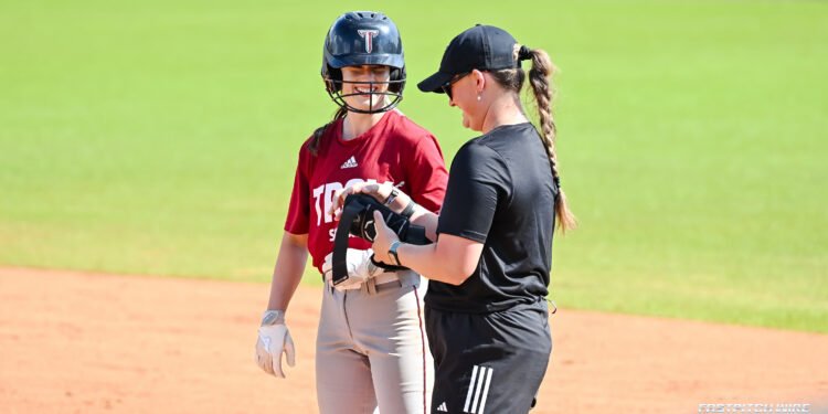 Makaley Boswell stands at first in a 12-7 Troy win over Georgia Tech on Saturday, Sept. 27, 2025, in Troy, Ala. (Photo by Charles Mays/Fastpitch Wire)