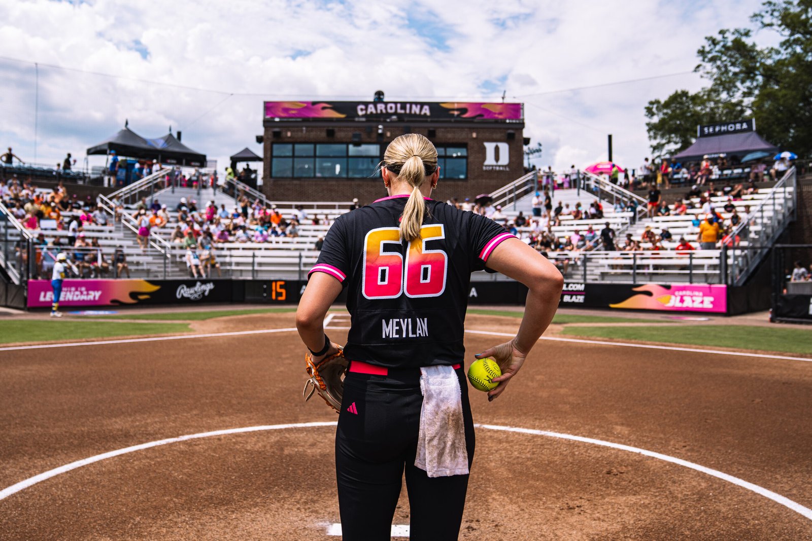 Carolina Blaze pitcher Ruby Meylan delivers against the Oklahoma City Spark in an AUSL game